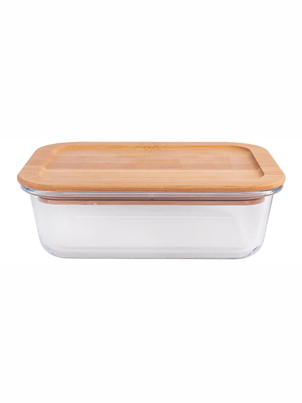 Rectangle Glass storage box with Air tight Wooden Lid - Set of 3pcs