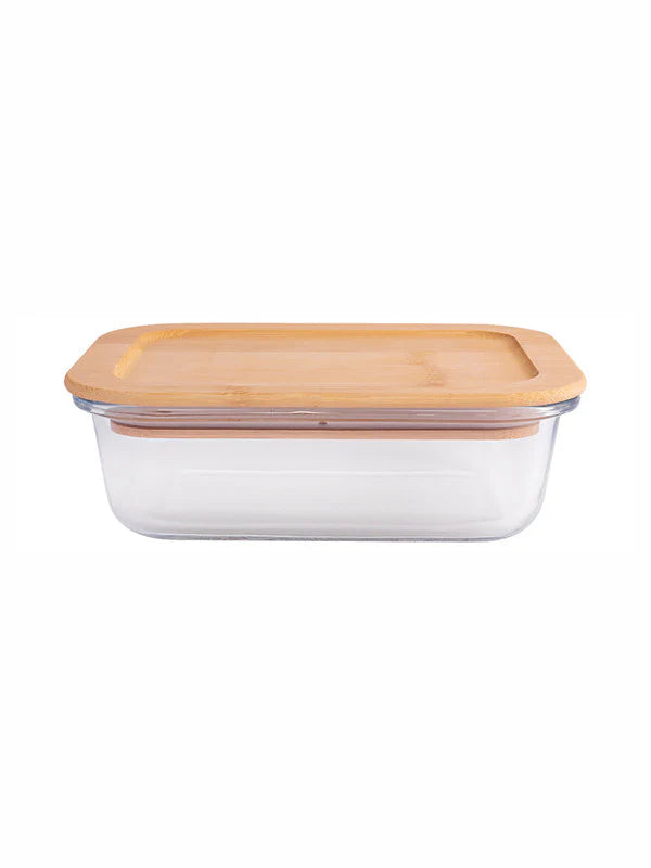 Rectangle Glass storage box with Air tight Wooden Lid - Set of 3pcs