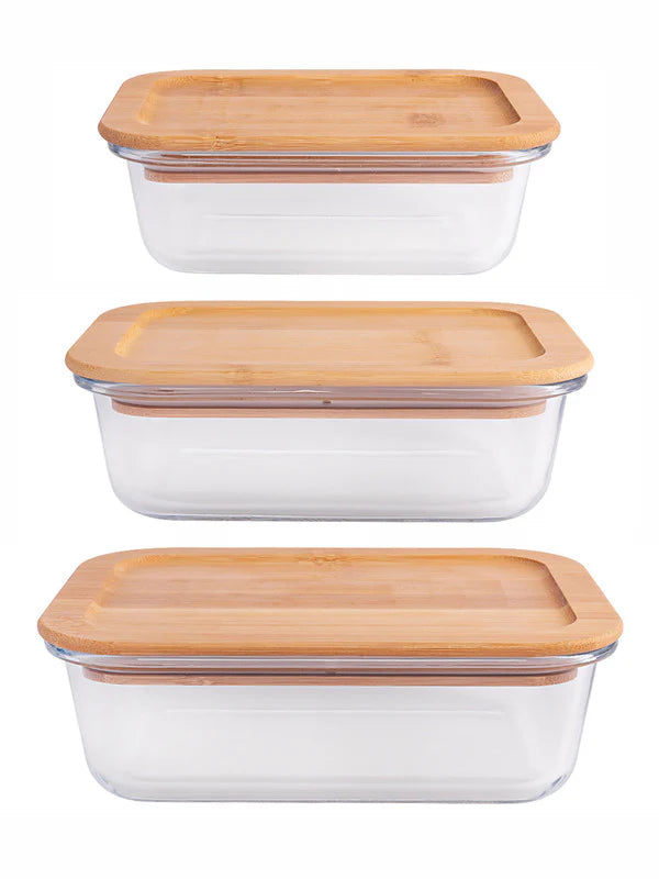Rectangle Glass storage box with Air tight Wooden Lid - Set of 3pcs