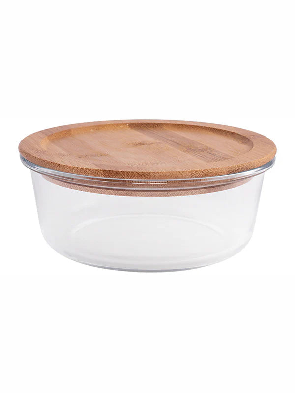 Round Glass storage box with Air tight Wooden Lid - Set of 3pcs