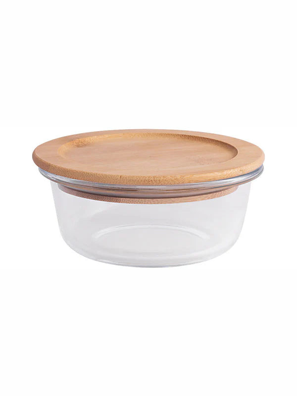 Round Glass storage box with Air tight Wooden Lid - Set of 3pcs