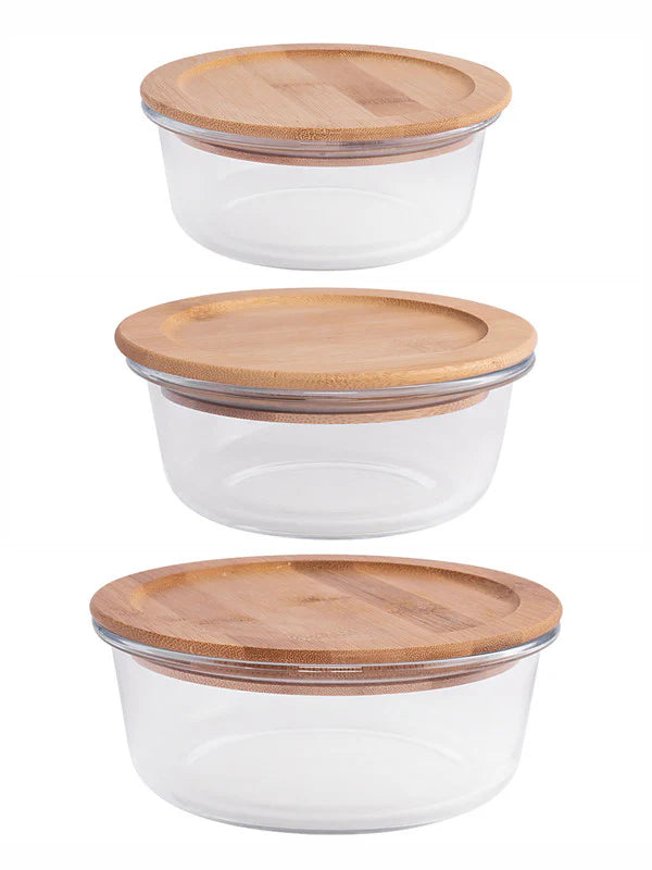 Round Glass storage box with Air tight Wooden Lid - Set of 3pcs