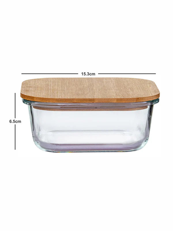 Rectangle Glass storage box with Air tight Wooden Lid - Set of 1pcs