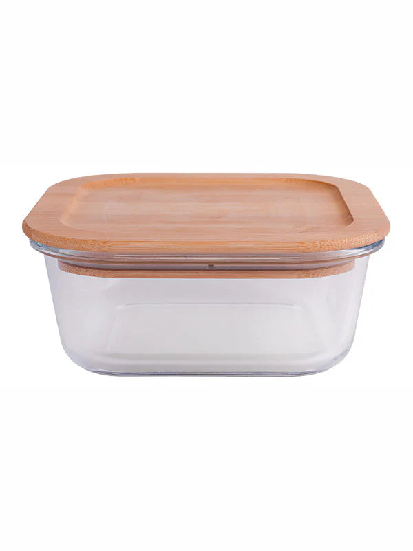 Square Glass storage box with Air tight Wooden Lid - Set of 3pcs