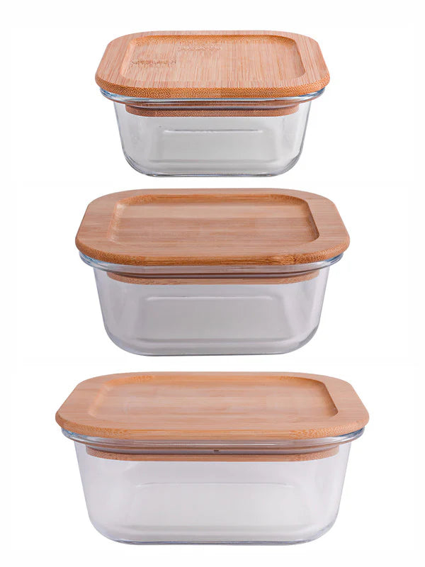 Square Glass storage box with Air tight Wooden Lid - Set of 3pcs